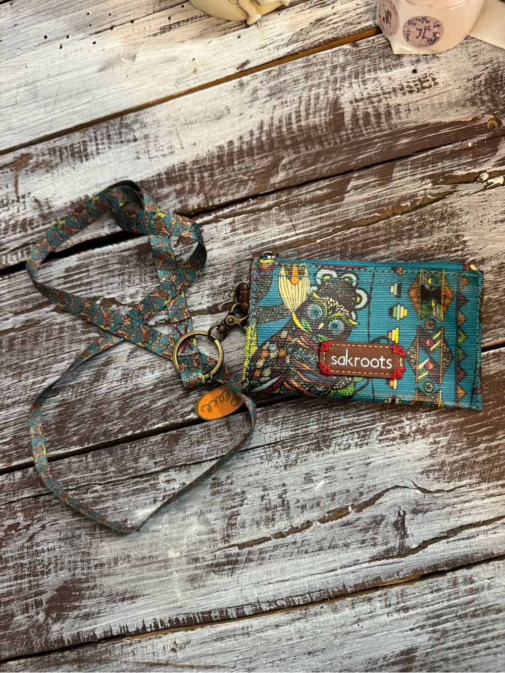 Sakroots Teal Multicolor Owl Lanyard Card Wallet